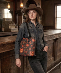 Montana West Halloween Gothic Tote Bag for Women – Skull Rose, Witch Moon & Pumpkin Floral Shoulder Purse(Preorder)