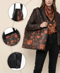 Montana West Halloween Gothic Tote Bag for Women – Skull Rose, Witch Moon & Pumpkin Floral Shoulder Purse(Preorder)