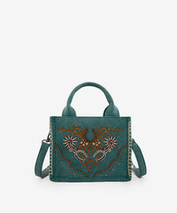 Montana West embroidered crossbody bag in Turquoise — synthetic leather with Western horseshoe and floral embroidery