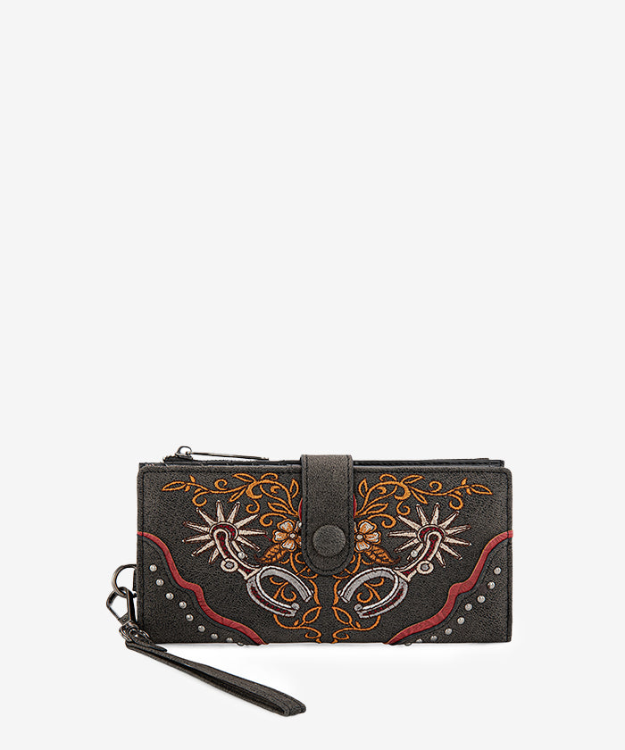 Montana West embroidered wallet in Black — Sleek rustic chic design, polyester-lined interior