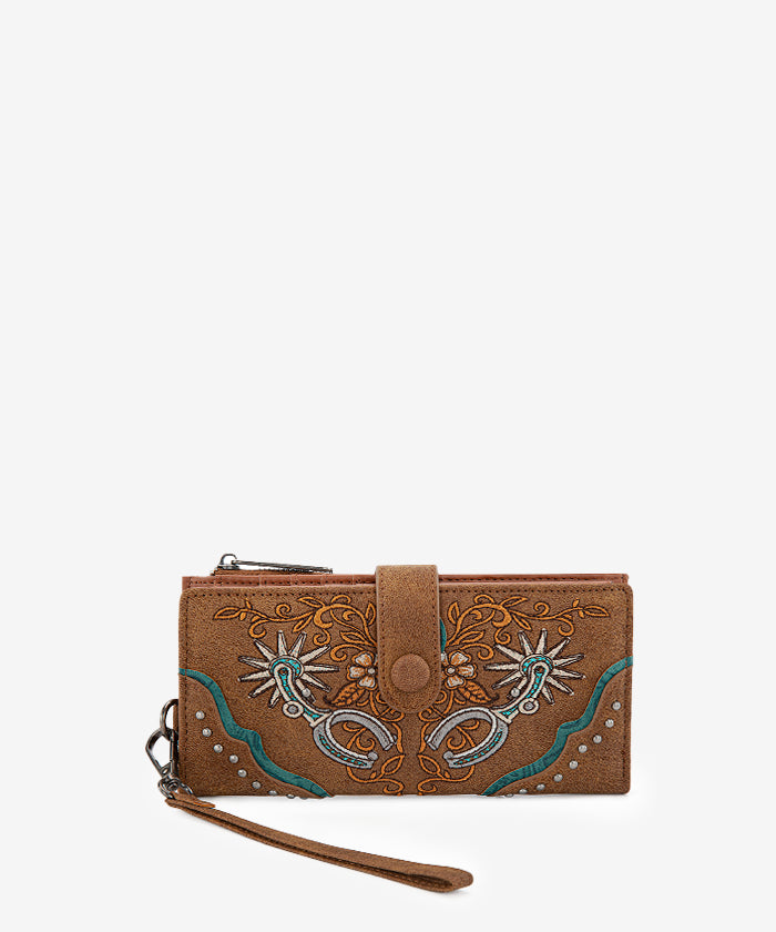 Montana West embroidered wallet in Brown — Embroidered pattern, compact wristlet with removable strap