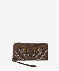 Montana West embroidered wallet in Coffee — Western-style stitching, zip closure, RFID protection