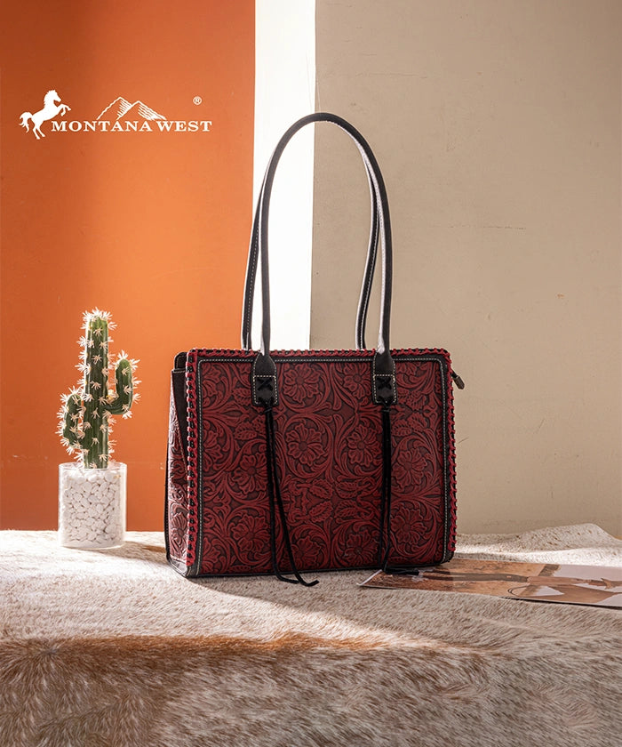 Montana West tool tote bags in black— synthetic leather with floral embossing and tassel