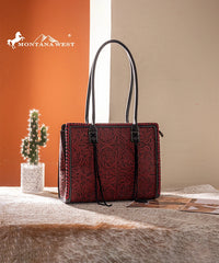 Montana West tool tote bags in black— synthetic leather with floral embossing and tassel