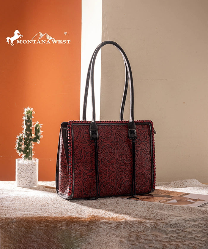 Montana West tool tote bags in black— synthetic leather with floral embossing and tassel