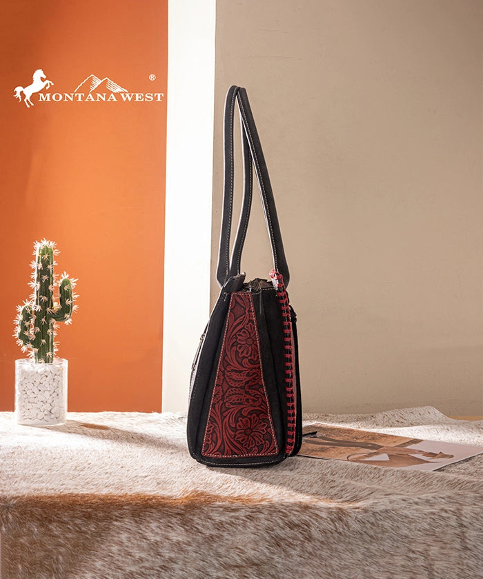 Montana West tool tote bags in black— synthetic leather with floral embossing and tassel