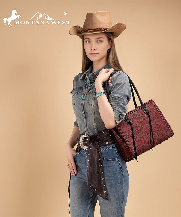 Montana West tool tote bags in black— synthetic leather with floral embossing and tassel