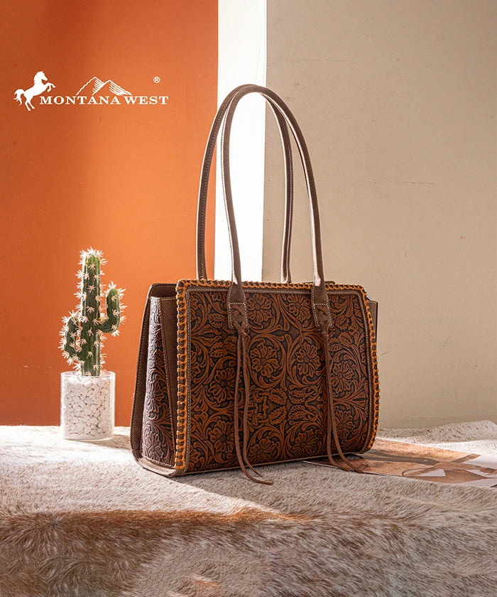 Montana West tool tote bags in brown— synthetic leather with floral embossing and tassel