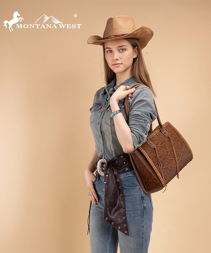Montana West tool tote bags in brown— synthetic leather with floral embossing and tassel