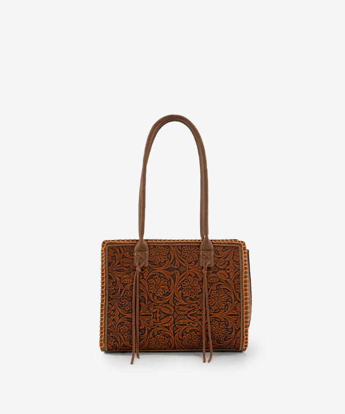 Montana West tool tote bags in brown— synthetic leather with floral embossing and tassel