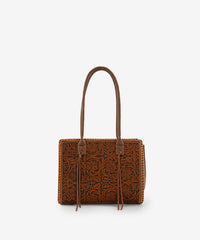 Montana West tool tote bags in brown— synthetic leather with floral embossing and tassel