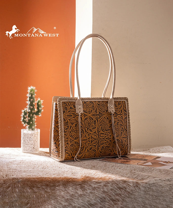 Montana West tool tote bags in tan— synthetic leather with floral embossing and tassel