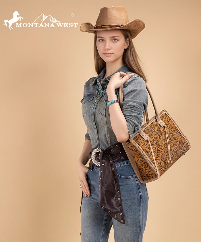 Montana West tool tote bags in tan— synthetic leather with floral embossing and tassel
