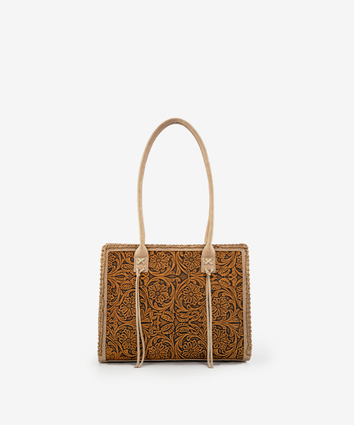 Montana West tool tote bags in tan— synthetic leather with floral embossing and tassel