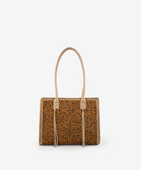 Montana West tool tote bags in tan— synthetic leather with floral embossing and tassel