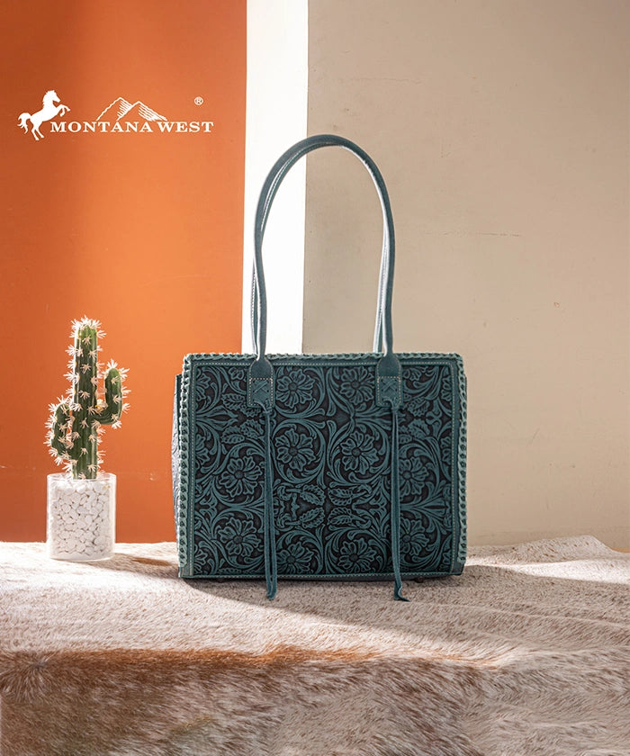 Montana West tool tote bags in turquoise— synthetic leather with floral embossing and tassel