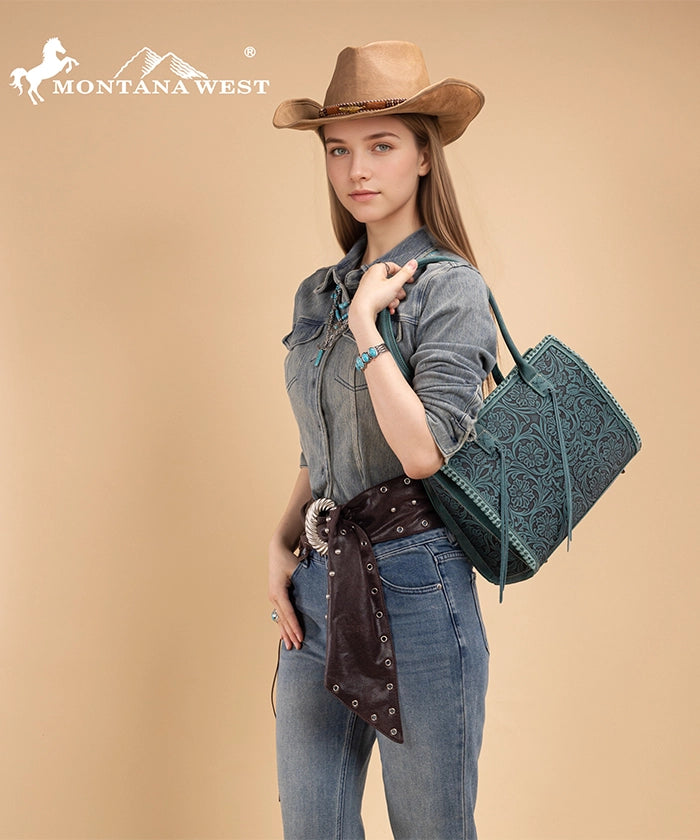 Montana West tool tote bags in turquoise— synthetic leather with floral embossing and tassel