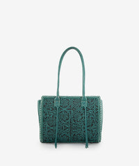 Montana West tool tote bags in turquoise— synthetic leather with floral embossing and tassel