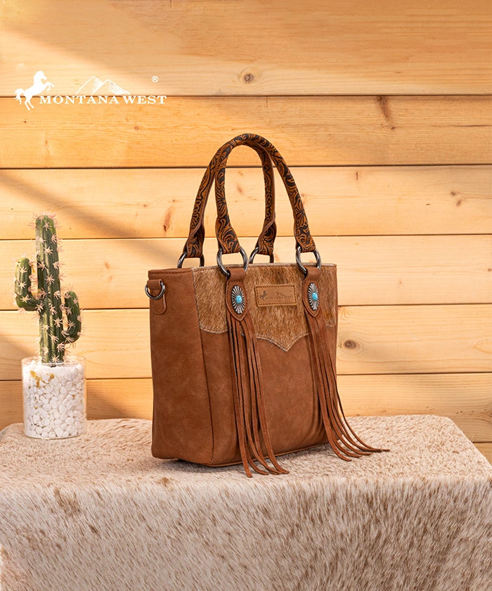 Montana West Fringe Bag in Brown — faux leather with hair-on-hide texture and turquoise accents