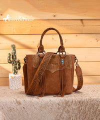 Montana West Fringe Bag in Brown — faux leather with hair-on-hide texture and turquoise accents