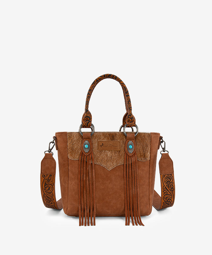 Montana West Fringe Bag in Brown — faux leather with hair-on-hide texture and turquoise accents