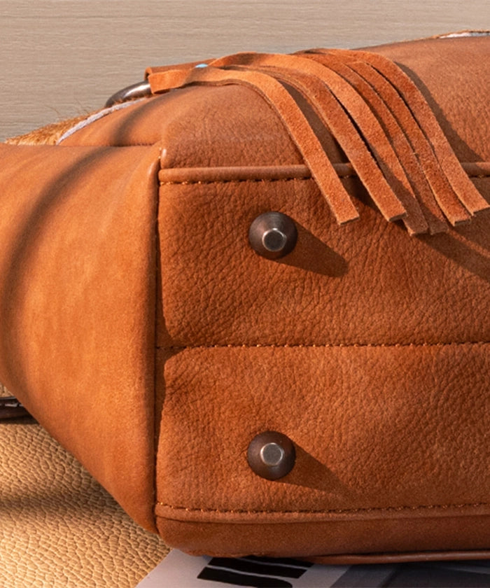 Montana West Fringe Bag in Brown — faux leather with hair-on-hide texture