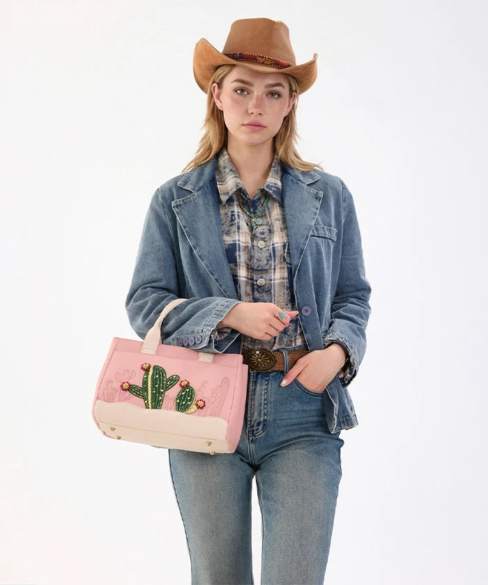 Montana West Cactus Embroidered Top Handle Tote in DPK