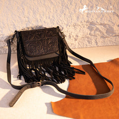 Montana West Genuine Leather Tooled Fringe Crossbody Bag