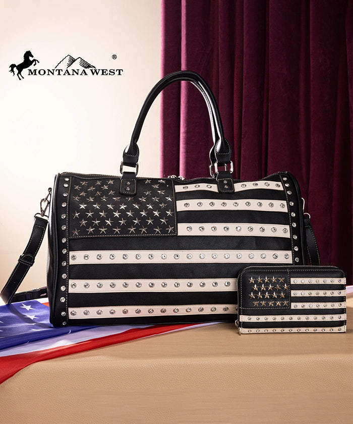 Montana West American Flag Studded Bag | Weekender Travel Duffle Bag in black