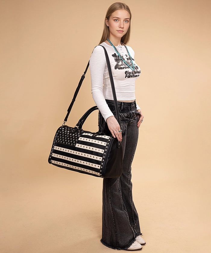 Montana West American Flag Studded Bag | Weekender Travel Duffle Bag in black