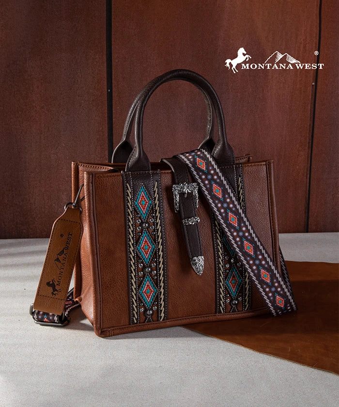 Montana West Buckle Aztec Concealed Carry Tote Brown
