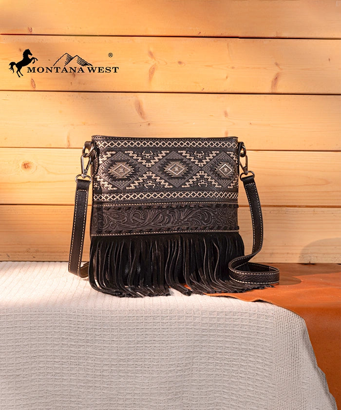 Montana West Tooled Fringe Concealed Carry Crossbody Black
