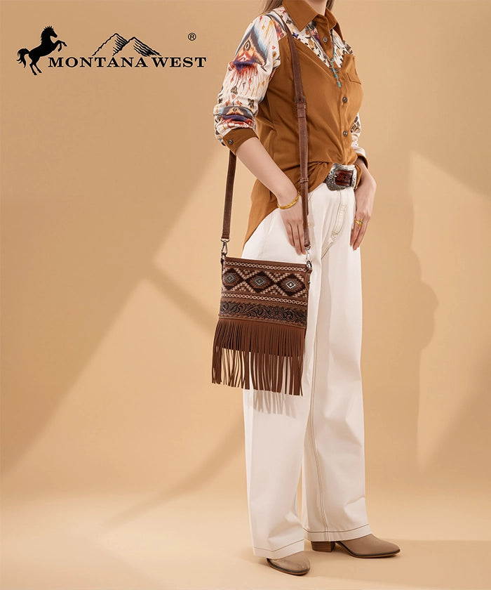 Montana West Tooled Fringe Concealed Carry Crossbody Brown