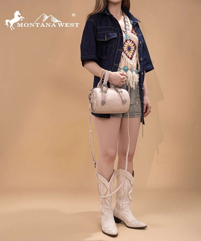 Montana West Western Tooled Buckle Mini Barrel Bag Beige