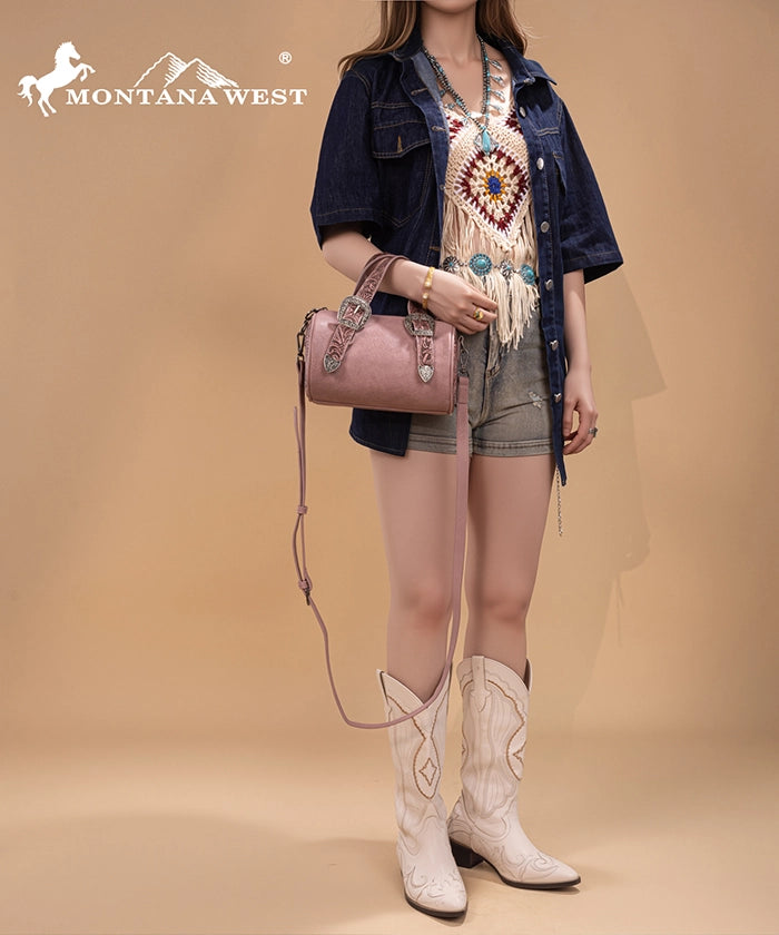 Montana West Western Tooled Buckle Mini Barrel Bag Dark Pink
