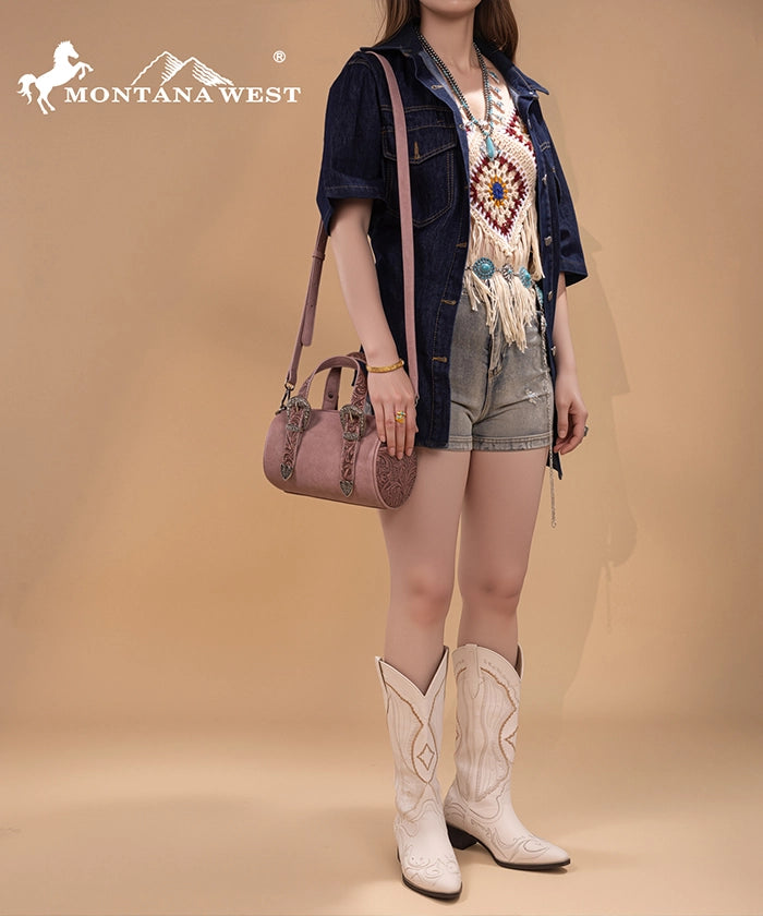 Montana West Western Tooled Buckle Mini Barrel Bag Dark Pink