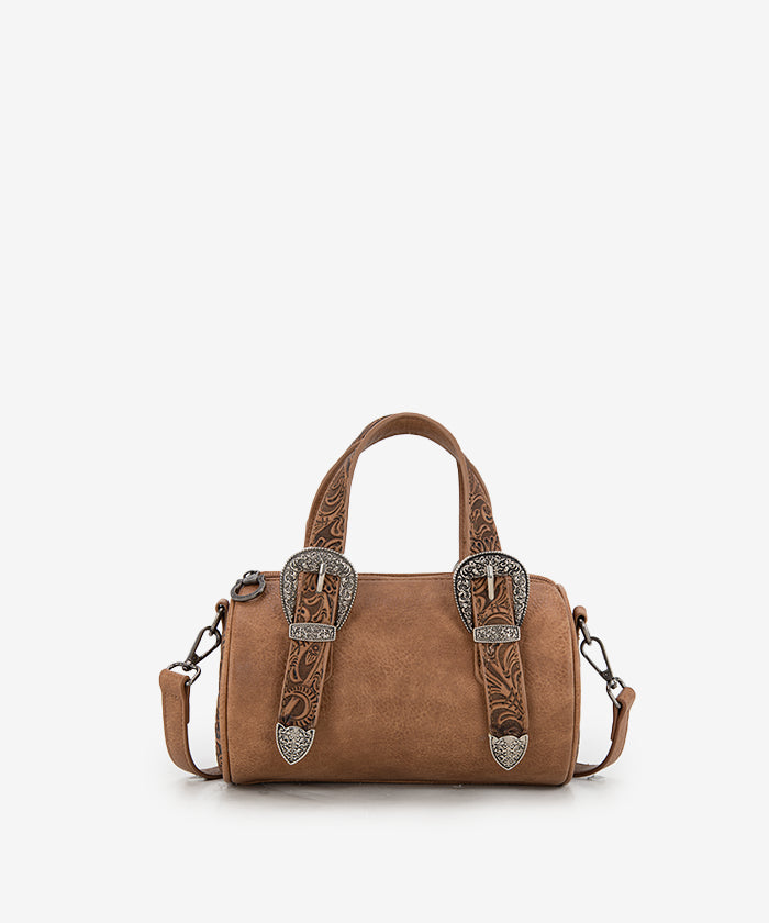 Montana West Western Tooled Buckle Mini Barrel Bag Light Brown