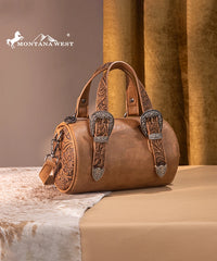 Montana West Western Tooled Buckle Mini Barrel Bag Light Brown