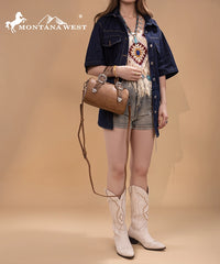 Montana West Western Tooled Buckle Mini Barrel Bag Light Brown