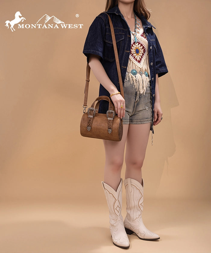 Montana West Western Tooled Buckle Mini Barrel Bag Light Brown