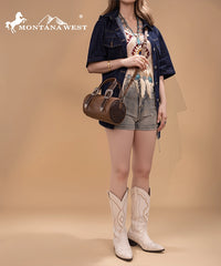Montana West Western Tooled Buckle Mini Barrel Bag Light Coffee