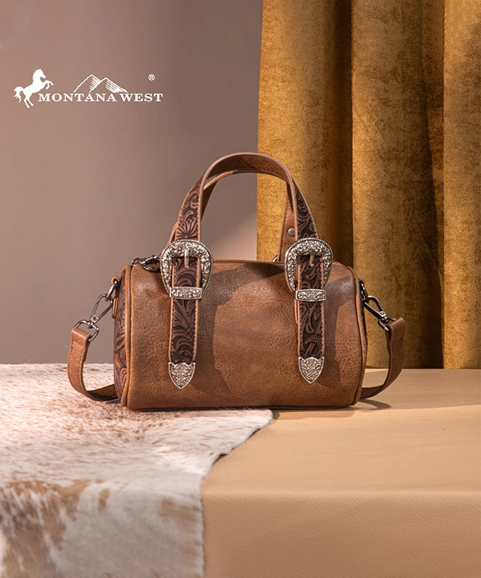 Montana West Western Tooled Buckle Mini Barrel Bag Light Coffee