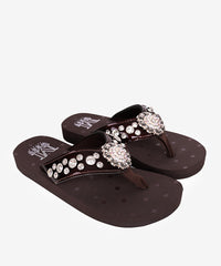 Mandala Silver Floral Rhinestones Concho Embroidered Wedge Flip-Flop