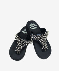 Mandala Silver Floral Rhinestones Concho Embroidered Wedge Flip-Flop