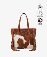 Trinity Ranch Floral Fringe Concealed Carry Tote — genuine leather with cowhide panels and western tooling