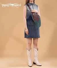Trinity Ranch Tooled Fringe Crossbody Sling Bag