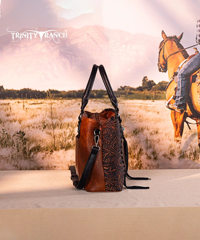 Trinity Ranch Floral Tooled Concho Tote Bag Set Brown