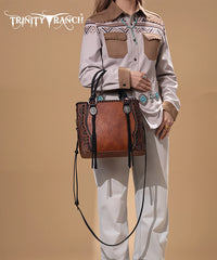 Trinity Ranch Floral Tooled Concho Tote Bag Set Brown