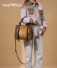 Trinity Ranch Floral Tooled Concho Tote Bag Set Light Brown