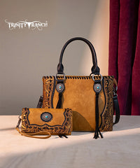 Trinity Ranch Floral Tooled Concho Tote Bag Set Light Brown